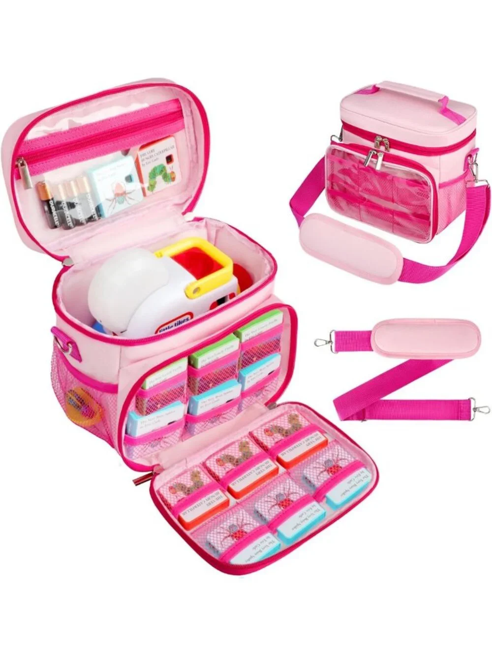 Travel Storybook Carrying Case with 12 Pockets & Shoulder Strap - Pink